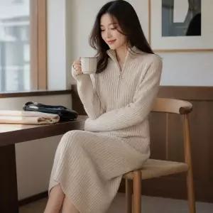 여성 가을 겨울 긴팔 골지 니트원피스 스탠카라 롱치마 루즈핏 하객룩 데일리룩
