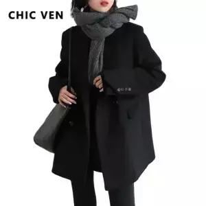 CHIC VEN 여성 울 블렌드 코트 솔리드 미드 롱 모직 두꺼운 따뜻한 블라우스 오버코트 Office Lady Tops