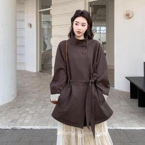 모두팜 여성 브라운 체크 차이나 트렌치 코트 봄 스위트 하프 MOC