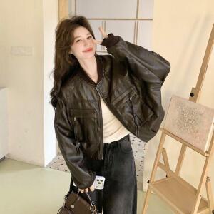 모두팜 여성 빈티지 쇼트 가죽 코트 봄 쿨맥스 캐주얼 라이더 PU가죽 재킷 MOC