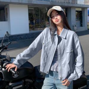 모두팜 여성 베이지 칼라 숏 가죽 코트 봄 빈티지 쿨맥스 캐주얼 라이더 PU가죽 재킷 MOC