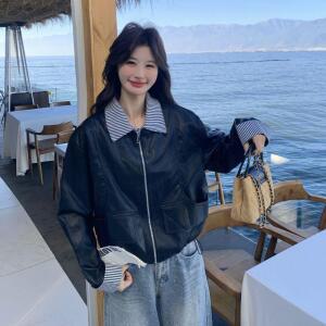 모두팜 여성 블랙 스트라이프 칼라 숏 가죽 코트 빈티지 재킷 MOC