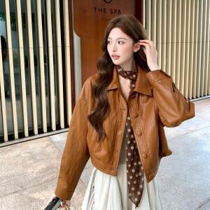 모두팜 여성 빈티지 카라멜 가죽 코트 봄 쇼트 재킷 MOC