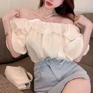 여성 봄 여름 오프숄더 프릴 디자인 셔츠 패션 심플 블라우스 톱