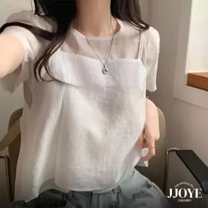 쪼예 [투피스] 썸머 세미크롭 반팔 블라우스 레이어드 뷔스티에 세트