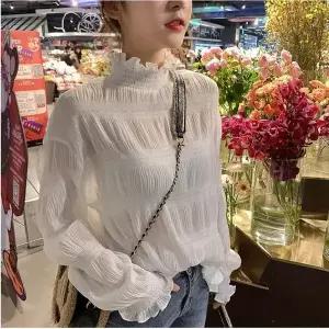 (change she) 여성 러플 프릴 하이넥 소프트 셔링 시스루 블라우스