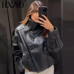 여성용 HXAO 인조 가죽 블랙 재킷 신상 크롭 오버사이즈 봄버 지퍼업 긴팔 코트 모터사이클