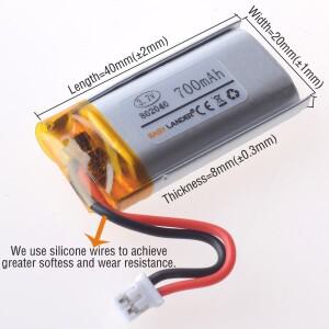 실리콘 와이어 802040 CE+Rohs JST2.0 2P 3.7V 700mAh 충전식 리튬 폴리머 이온 배터리 Lipo