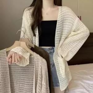 긴팔 펀칭 니트 여성 그물 여름 가디건 루즈핏