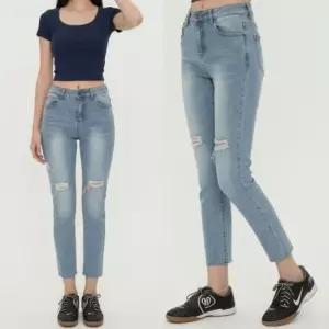 크롭 데님 스판 일자팬츠 찢청 밑단컷팅 여성