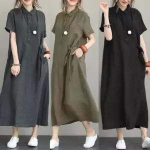 여성 카라 롱원피스 루즈핏 퍼프 반팔 여름 데일리 휴양지 드레스