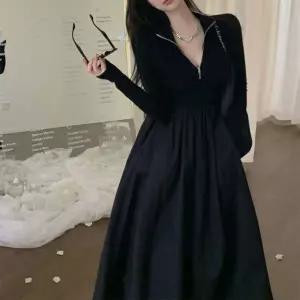하프 집업 니트 믹스 롱 원피스 긴팔 반집업