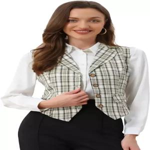 알레그라 K 여성 격자무늬 허리코트 노치 라펠 칼라 싱글 가슴 빈티지 조끼