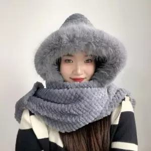 포근하루 일체형 후드 머플러(그레이) 퍼머플러 모자 겨울 목도리 넥워머 단색 여성선물 크리스마스