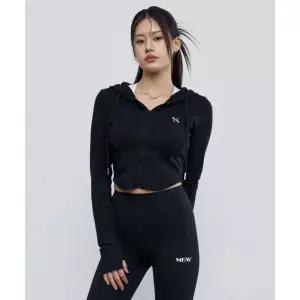 매장정품 MFAV 슬림 아크 크롭 후드 집업 블랙