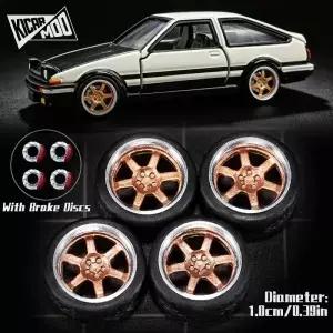 Kicarmod 1/64 모델 자동차 ABS 바퀴 고무 타이어 브레이크 금속 림 직경 10mm 핫 휠 부품 재장착