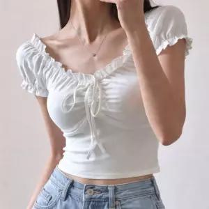 오프숄더 셔링 리본 크롭 반팔 티셔츠 여름크롭티 크롭티셔츠 데일리티 여성반팔티