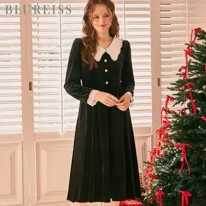 [블루레이스] 배색 플랫 카라 벨벳 원피스_BI5W3OP3031