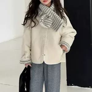 스트라이프 양면 뽀글이 후리스 점퍼 + 목도리세트 2color
