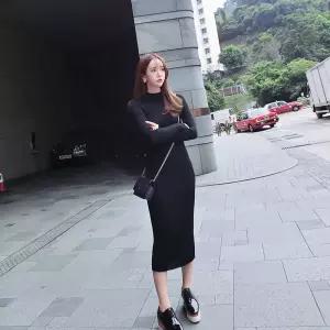 여자 슬림 반폴라 골지 롱 니트 원피스 데이트룩