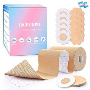 HAIRUNFU 2 롤 체스트 바인딩 테이프(FTM용), 초광폭 4인치 x 16.5피트, 방수, 땀 방지, 라텍스 무함유, 연한 황갈색, 20개의 니플 커버 포함