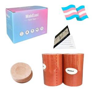 MakEast 2롤 트랜스 테이프, 초광폭 체스트 바인더용, 라텍스 프리 FTM, 니플 커버 포함, 초고점착, 방수 및 유연성, 4인치 x 16.5피트(탄색)