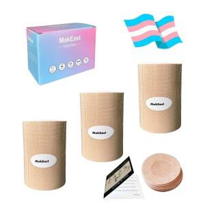 MakEast 3롤 트랜스 테이프, 초광폭 체스트 바인더용, 라텍스 프리 FTM, 니플 커버 포함, 초고점착, 방수 및 유연성, 4인치 x 16.5피트(베이지)