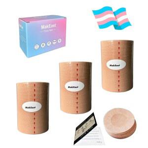 MakEast 3롤 트랜스 테이프, 초광폭 체스트 바인더용, 라텍스 프리 FTM, 니플 커버 포함, 초고점착, 방수 및 유연성, 4인치 x 16.5피트(에스프레소)