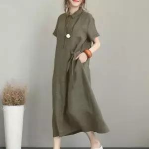 [STYLELUX]빅사이즈 여름 원피스 린넨 카라 롱 원피스 루즈핏 퍼프 반팔