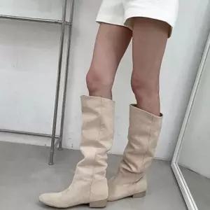 (다올)스웨이드 둥근코 플랫롱부츠 여성 와이드핏 주름 롱부츠