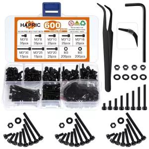 600개 M3 나사 모음 키트 M3x 6/8/10/12/16/20/25/30mm 12.9 합금 강철 너트 및 볼트 블랙 아연 도금 육각