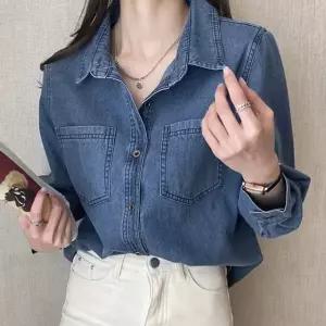 여성 가슴 포켓 빈티지 데일리 데님 셔츠