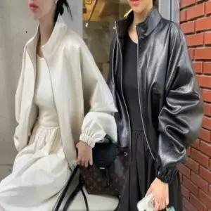 페이크 오버핏 소매 여자 가죽 라이더재킷 벌룬 레자