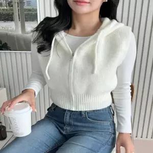 따뜻한 집업조끼 베스트 후드 크롭 데일리 여성 캐주얼 WWFFVUNM