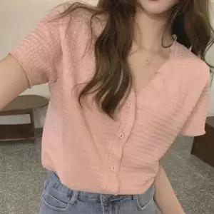 ( )시원한 브이넥 여름 반팔 여성 반팔블라우스 블라우스 상의 여름블라우스 소재 데일리룩 핑크 원픽