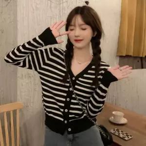 여름 간절기 여성 봄 스트라이프 크롭 가디건 줄무늬 MWFHXBBM