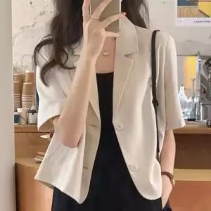 여성 반크롭 투버튼 여름 자켓 1P 데일리 정장 세미 여자 반팔 린넨 시원한 외투 얇은 오