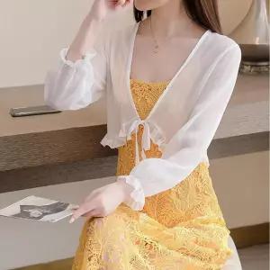 프릴 여름 가디건 긴소매 코트 원피스 여성 자켓 가디건 쉬폰 레이스 볼레로 자켓 반팔 원피스 상의 미니