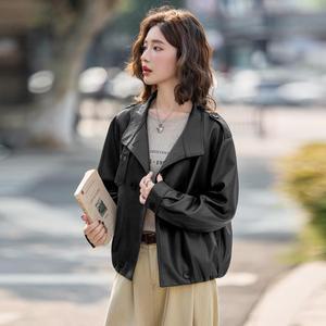 삐삐2 여성 차이나 가죽 코트 숏 가을 빈티지 캐주얼 PU가죽 라이더 재킷