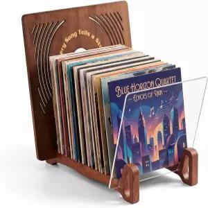 핑쿤 비닐 레코드 홀더 최대 60Lps 솔리드 우드 아크릴 미니멀리스트 블랙 LP 저장 랙 앨범 정리기 7인치