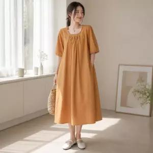 여성 셔링 롱원피스 반팔 루즈핏 면혼방 여름 치마 넥라인 무드 셔츠룩