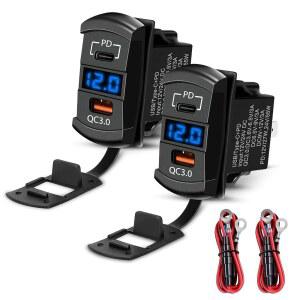 Linkstyle 자동차 로커 스위치 콘센트 2개 PD 포함 QC3 12V RV 36W 오토바이용 24V 소켓 LED USBA 55W 전압계 충전기 포트 보트
