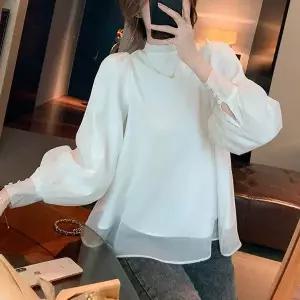 여성 봄가을 긴팔 기질 통기성 블라우스 루즈핏 퍼프 리본 단색 쉬폰 셔츠