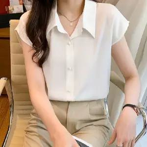 여자 블라우스 루즈핏 카라넥 반팔셔츠 오피스룩 셔츠