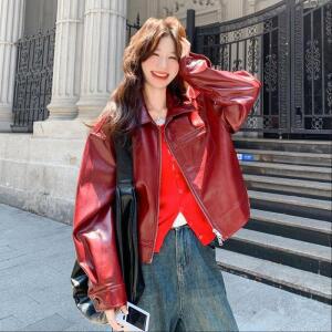 엘럽 여성 레드 빈티지 PU가죽 코트 가을 왁스 느낌의 숏 라이더 가죽 재킷 득템