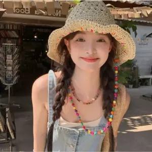 구슬 스트랩 라탄 벙거지 봄 여름 버킷햇 여성 모자 왕골모자