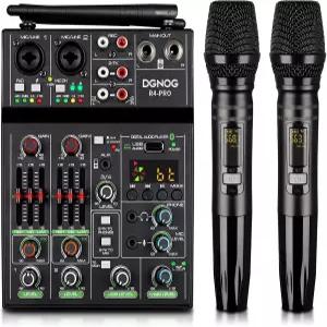 전문 오디오 믹서 듀얼 무선 마이크가 장착된 4채널 사운드 보드 콘솔 MP3 블루투스 48V 팬텀 파워 USB