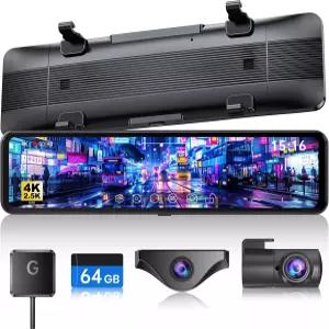 T860 미러 대시캠 4K 전방 및 2.5K 후방 룸미러 카메라 분리형 3배 줌 64GB 카드 포함 야간 시야 WDR 주차