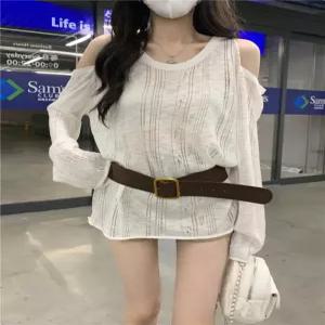 긴팔 여성 루즈핏 휴가룩 시스루 롱티 오버핏 라운드넥