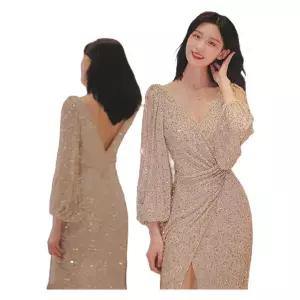 긴팔 스팽글 골드 드레스 이브닝 롱 송년회 시상식 연회